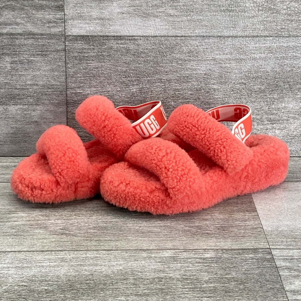 UGG Oh Yeah Slides Womens 6 Pink Coral Slippers Strap Soft Fuzzy Shoes 1107953